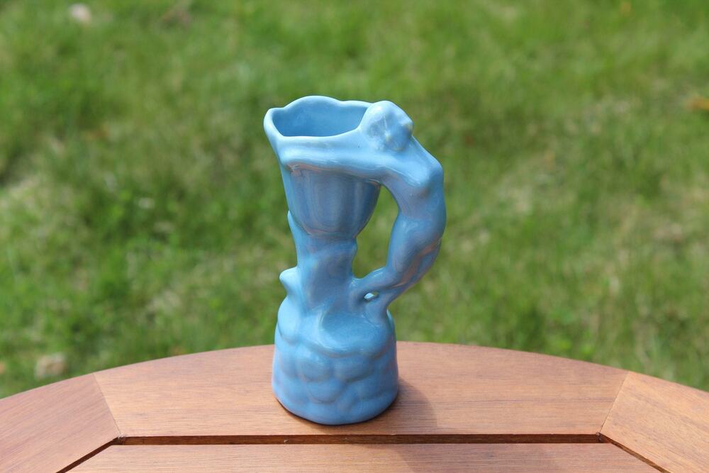 Vintage Figural Nude Woman Vase Blue Pottery Van Briggle Style Hand Thrown
